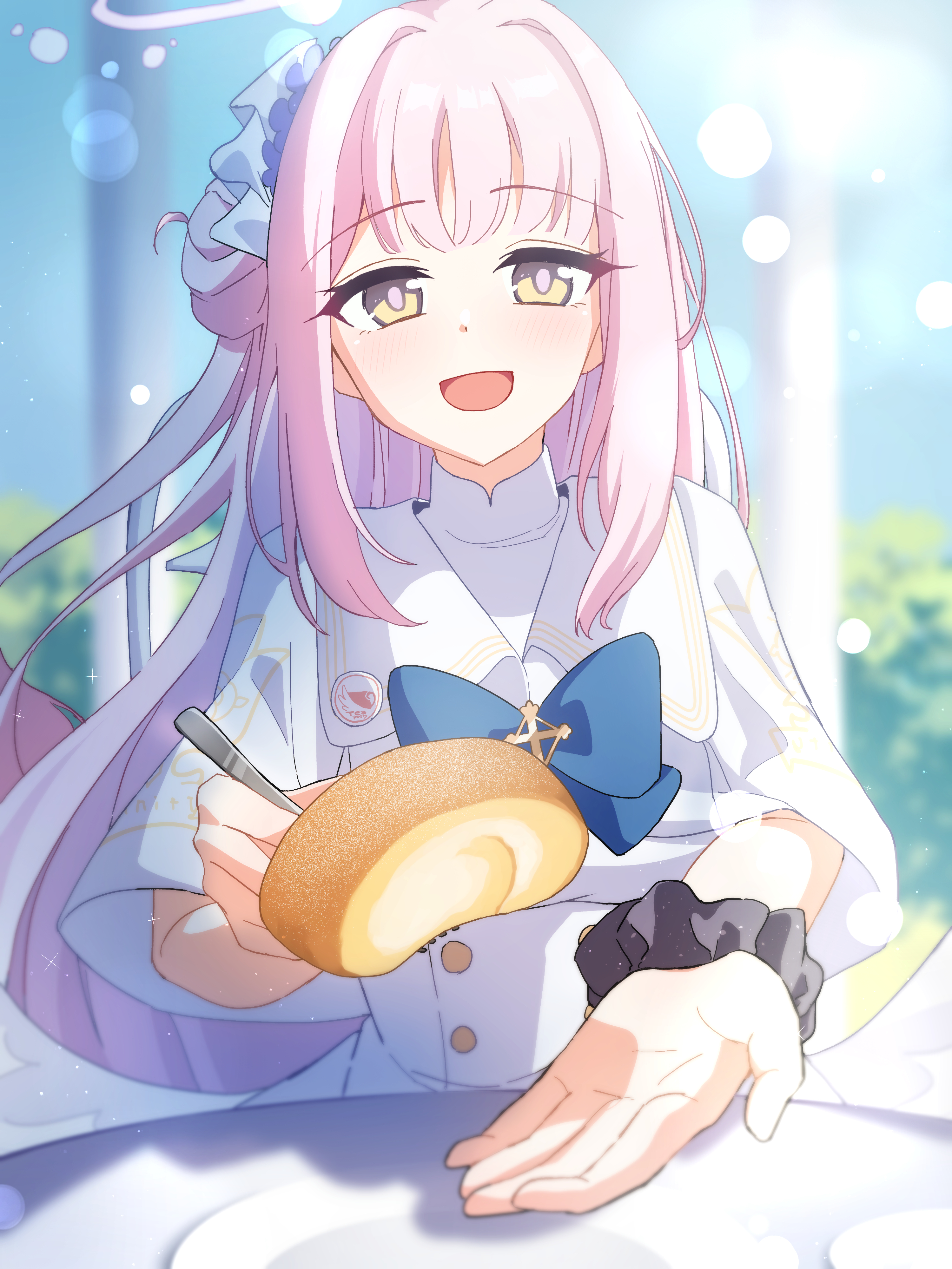 urauo oji, mika (blue archive), blue archive, absurdres, highres, 1girl, blue bow, blush, bow, breasts, buttons, cake, capelet, double-breasted, dress, feathered wings, feeding, flower, food, fork, hair bun, hair flower, hair ornament, halo, holding, holding fork, long hair, looking at viewer, low wings, medium breasts, open mouth, pink hair, scrunchie, single hair bun, single side bun, smile, solo, swiss roll, very long hair, white capelet, white dress, white wings, wings, wrist scrunchie, yellow eyes