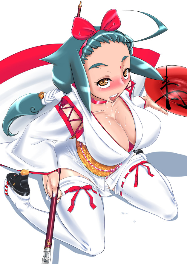 konmori (kinbou sokai), bad id, bad pixiv id, 1girl, blue hair, blush, breasts, brown eyes, cleavage, female focus, hair ribbon, huge breasts, japanese clothes, kneeling, long hair, plate, ponytail, ribbon, ribbon-trimmed legwear, ribbon trim, solo, staff, thighhighs, white thighhighs
