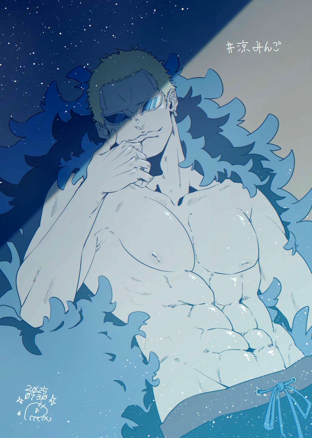 donquixote doflamingo, one piece, highres, 1boy, 2025, abs, blonde hair, blue coat, coat, earrings, hand on own chin, jewelry, large pectorals, looking at viewer, male focus, muscular, muscular male, navel, night, night sky, pectorals, popff00ff, short hair, sky, smirk, star (sky), starry sky, sunglasses, topless male