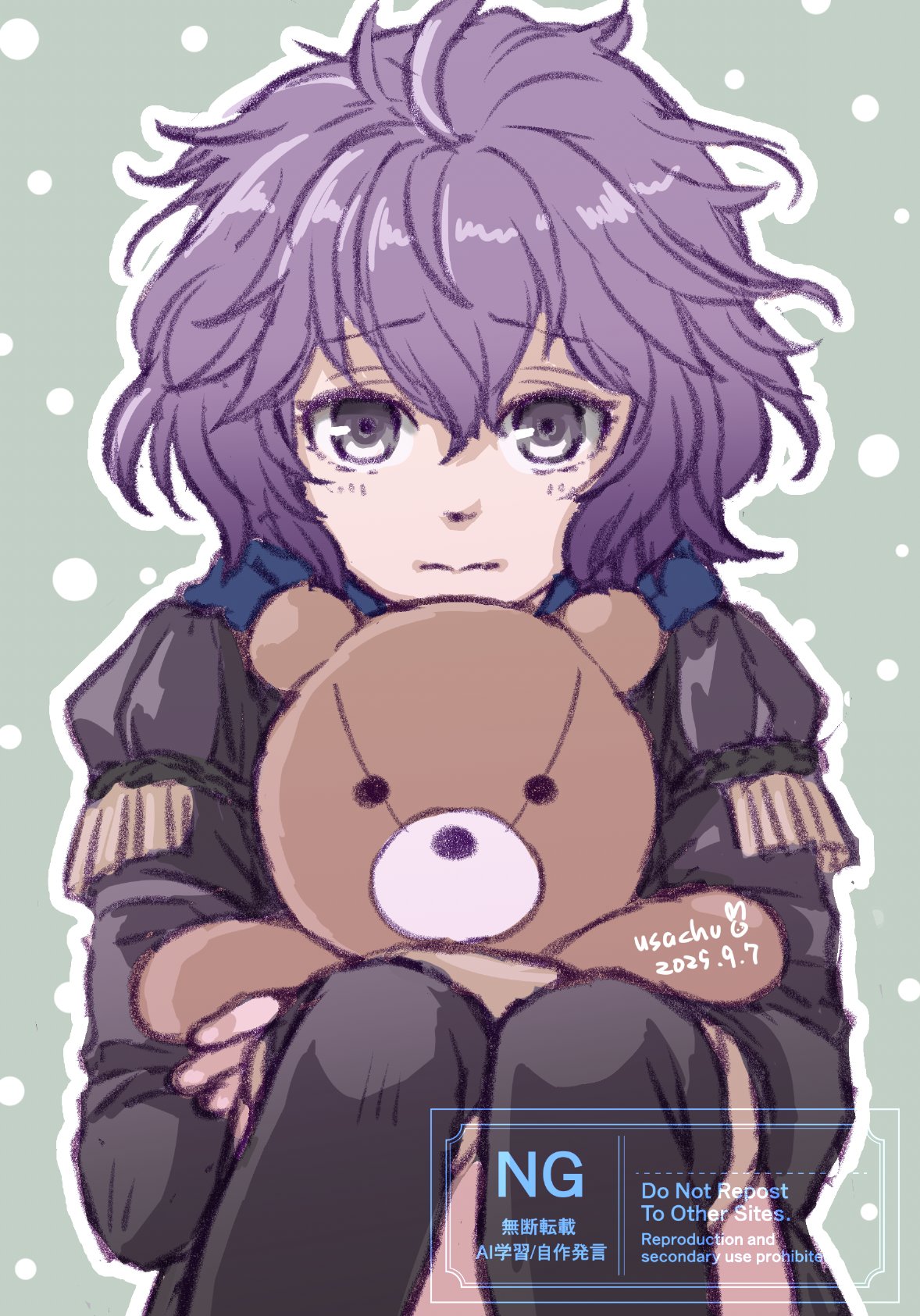 usachu now, bernadetta von varley, fire emblem, fire emblem: three houses, nintendo, highres, 1girl, black thighhighs, blue hood, closed mouth, garreg mach monastery uniform, grey eyes, holding, hood, knees up, long sleeves, looking at viewer, purple hair, short hair, solo, stuffed animal, stuffed toy, teddy bear, thighhighs, thighs