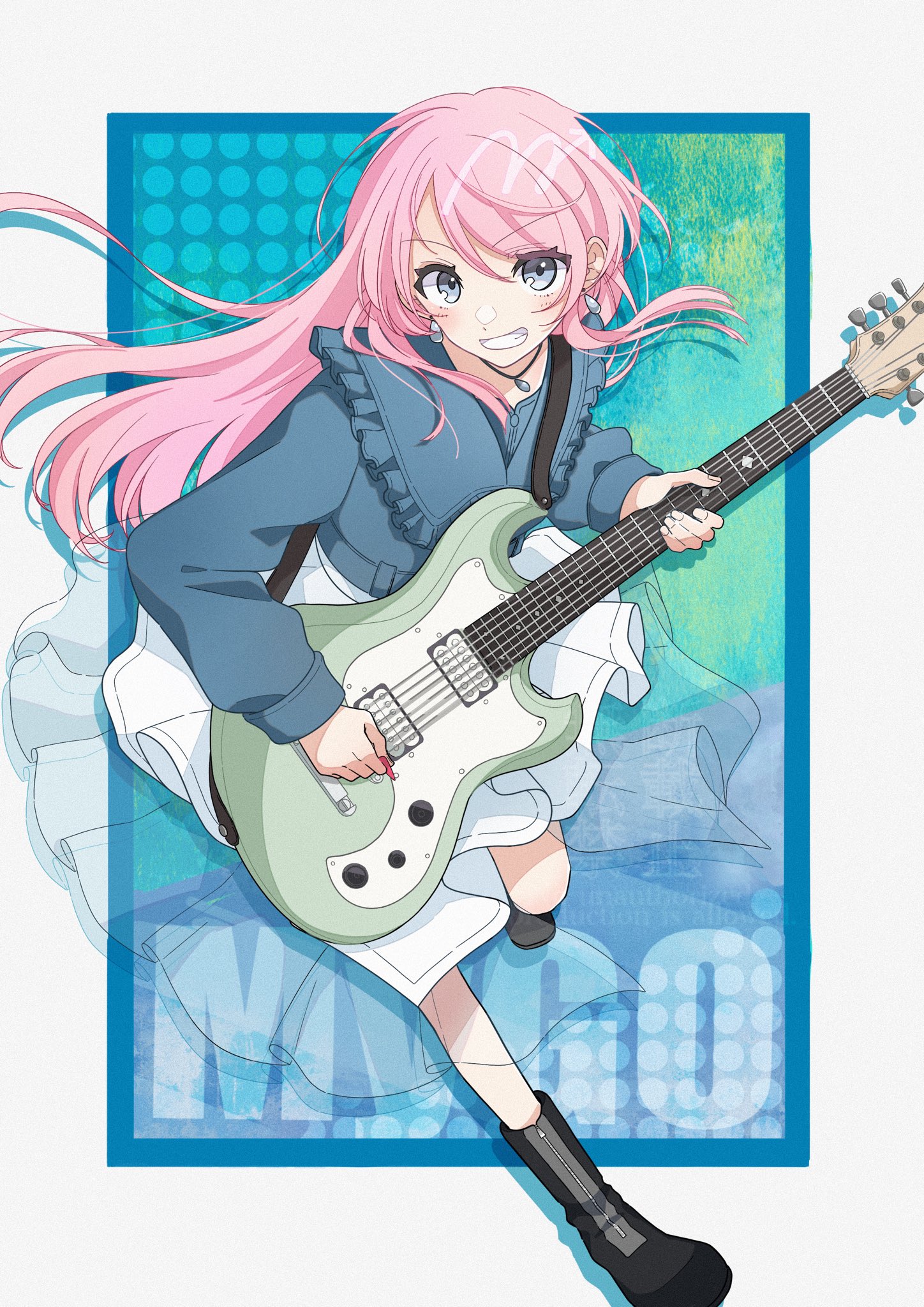 chihaya anon, bang dream!, bang dream! it's mygo!!!!!, commentary, hashtag-only commentary, highres, 1girl, black boots, blue jacket, boots, clenched teeth, earrings, electric guitar, grey eyes, guitar, holding, holding guitar, holding instrument, instrument, jacket, jewelry, long hair, long sleeves, looking at viewer, madolab ch, pink hair, skirt, solo, teeth, white skirt