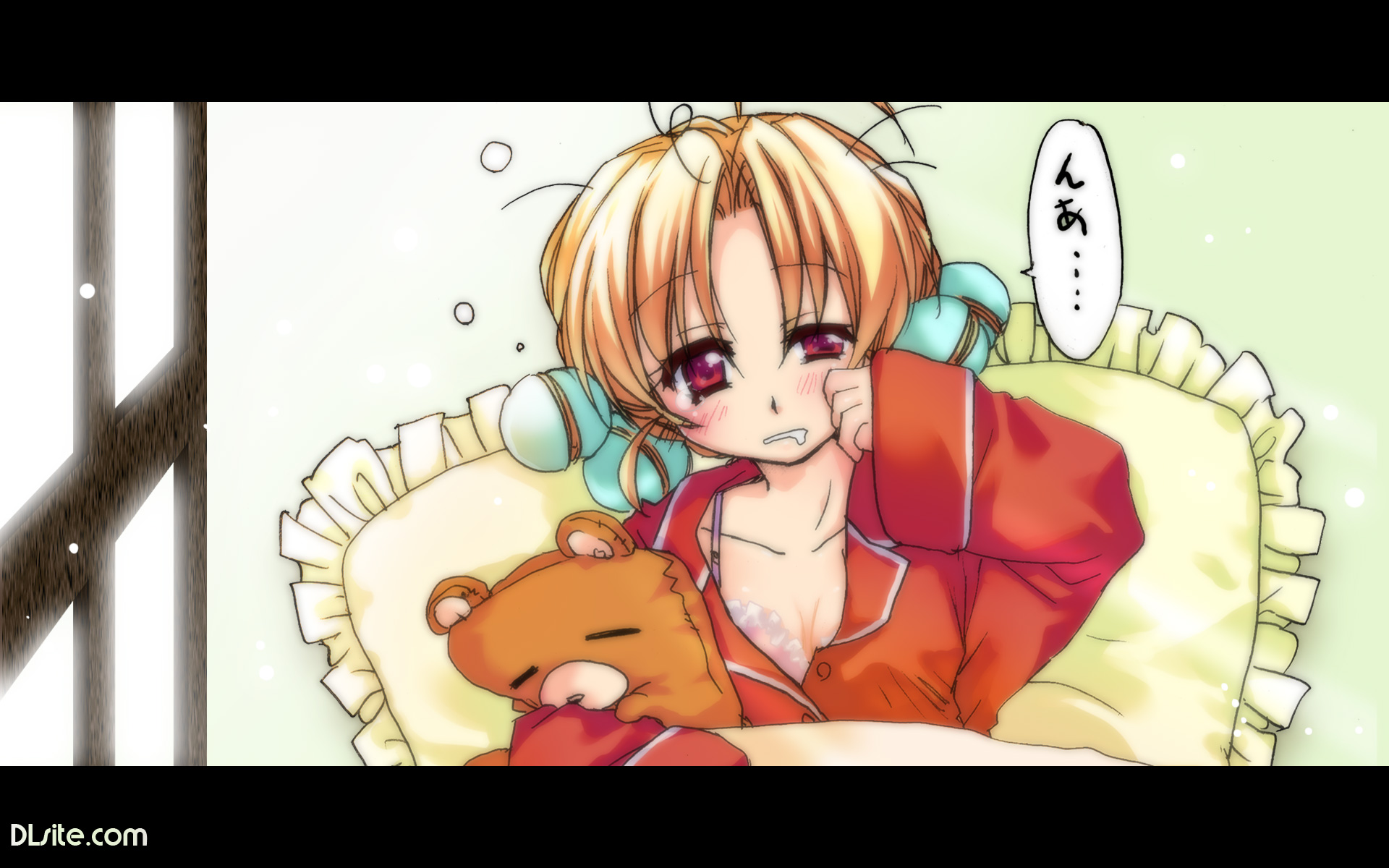 malino (dream maker), premium-chan, dlsite.com, highres, 1girl, blonde hair, frilled pillow, frills, letterboxed, pajamas, pillow, red eyes, saliva, sleepy, stuffed animal, stuffed toy, teddy bear