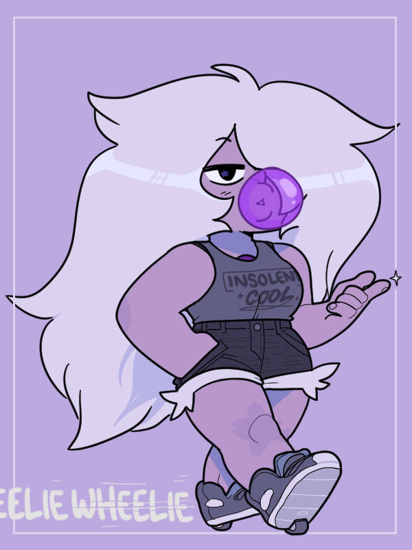 discount-supervillain, amethyst (steven universe), steven universe, 1girl, alternate costume, breasts, chest jewel, colored skin, deformed, gem, hair over one eye, heelys, jitome, long hair, plump, purple skin, solo, white hair