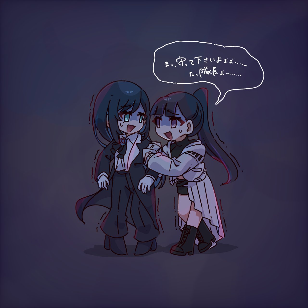 oan (o annn), chando (ado), yoshino (utaite), ado (utaite), cloud nine inc, commentary request, highres, translation request, 2girls, black coat, black pants, black shorts, blue eyes, blue hair, coat, colored inner hair, grabbing another's arm, jacket, long hair, midriff, mole, mole under eye, multicolored hair, multiple girls, open clothes, open coat, open mouth, pants, ponytail, purple eyes, purple hair, scared, shorts, sidelocks, trembling, utaite, white jacket