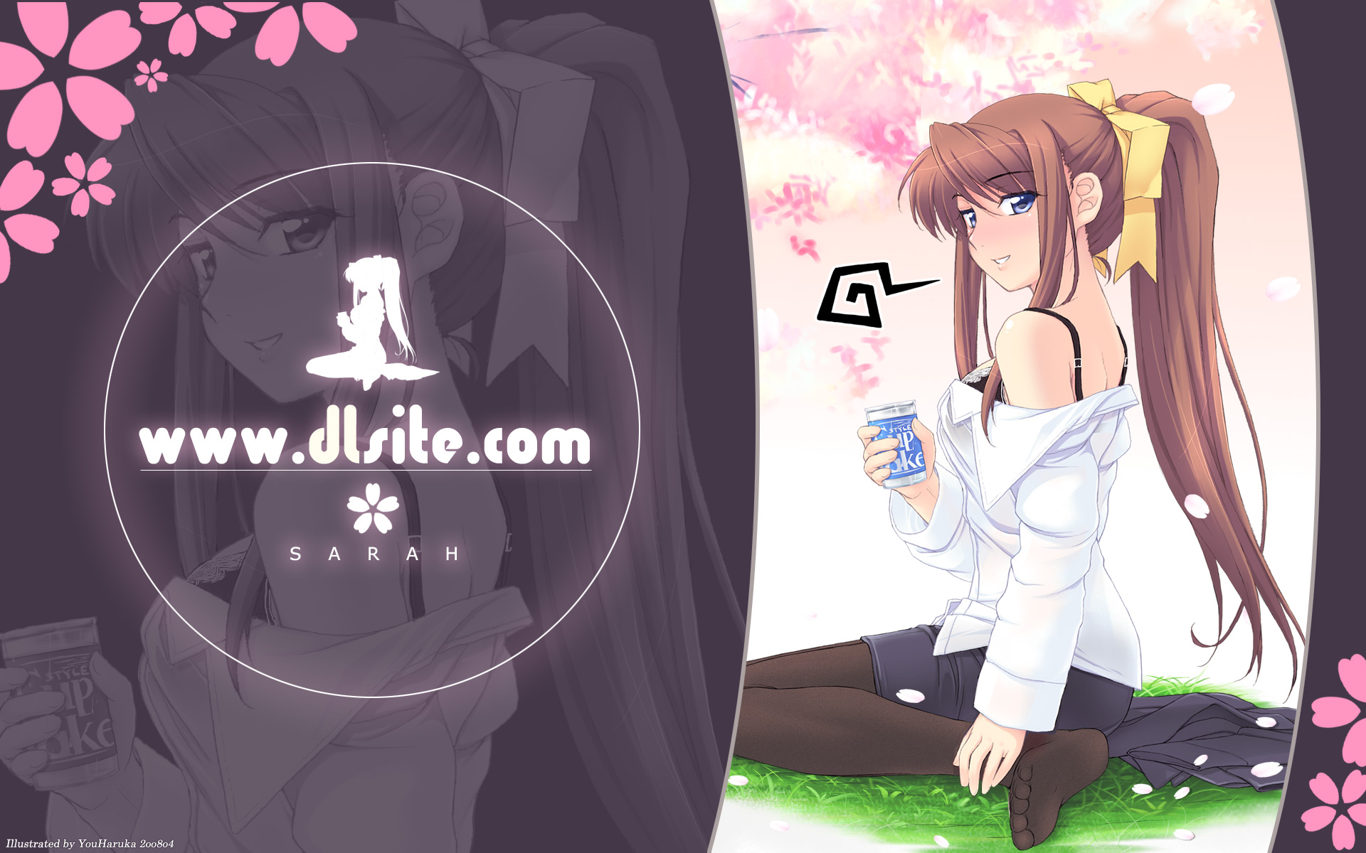you haruka, youharuka, sarah (you haruka), dlsite.com, original, highres, 1girl, alcohol, beer, blue eyes, bra, brown hair, can, drunk, female focus, lingerie, long hair, pantyhose, ponytail, sitting, solo, underwear
