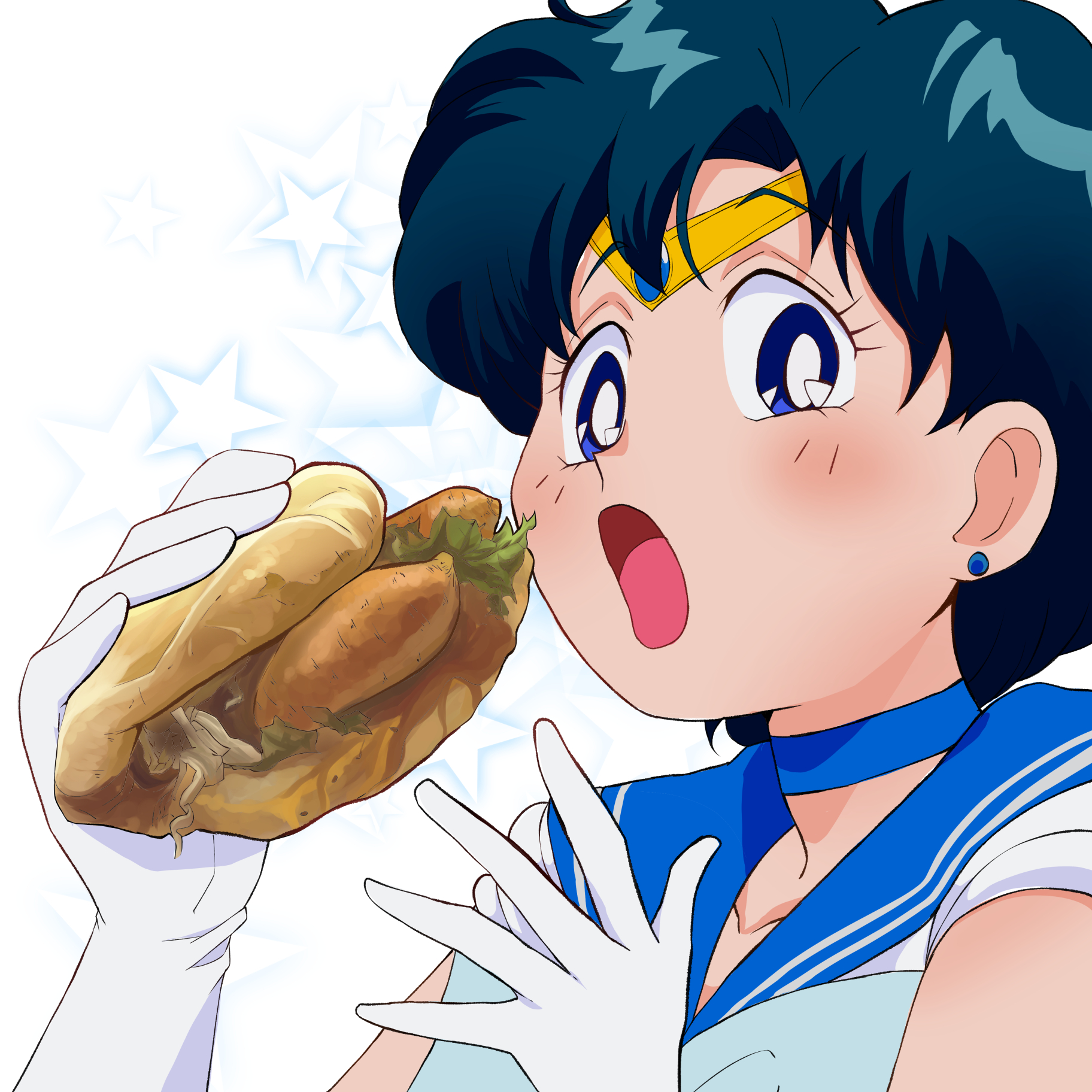 que415, mizuno ami, sailor mercury, bishoujo senshi sailor moon, mos burger, highres, blue bow, blue bowtie, blue choker, blue eyes, blue hair, blue sailor collar, bow, bowtie, bread, choker, circlet, earrings, elbow gloves, food, gloves, jewelry, lettuce, looking at viewer, meme, parted bangs, sailor collar, sailor mercury eating a burger (meme), sandwich, short hair, stud earrings, sweet potato, white gloves
