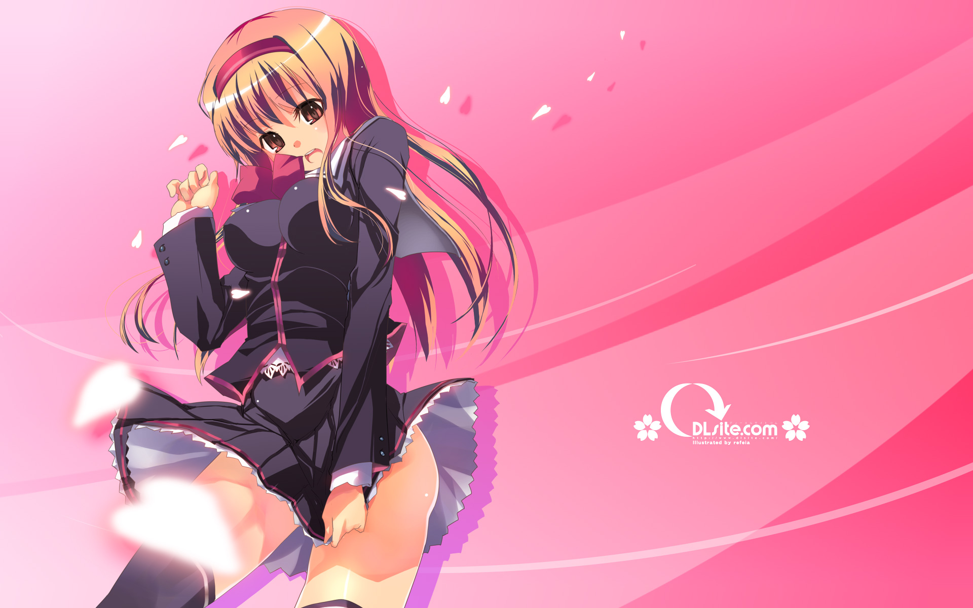 refeia, dille blood, dlsite.com, highres, 1girl, female focus, hairband, logo, petals, school uniform, serafuku, solo, thighhighs, wind
