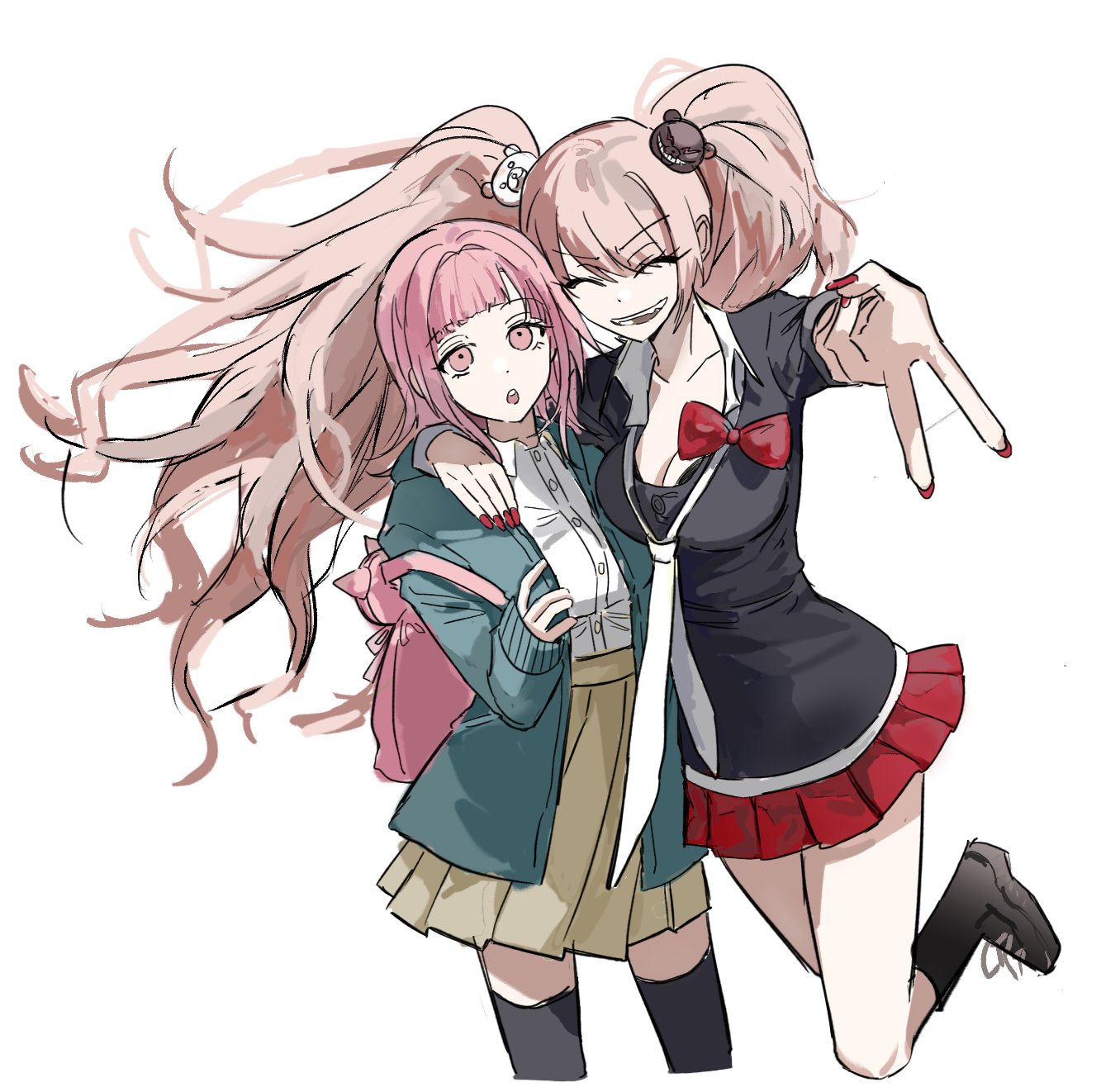 vo3olv, enoshima junko, nanami chiaki, danganronpa: trigger happy havoc, danganronpa (series), danganronpa 2: goodbye despair, highres, 2girls, :o, animal bag, black shirt, blonde hair, bow, breasts, brown skirt, cat bag, closed eyes, cowboy shot, green jacket, grin, jacket, large breasts, long hair, medium hair, miniskirt, multiple girls, nail polish, no hair ornament, open clothes, open jacket, pink bag, pink hair, pleated skirt, red bow, red nails, red skirt, shirt, skirt, smile, teeth, twintails