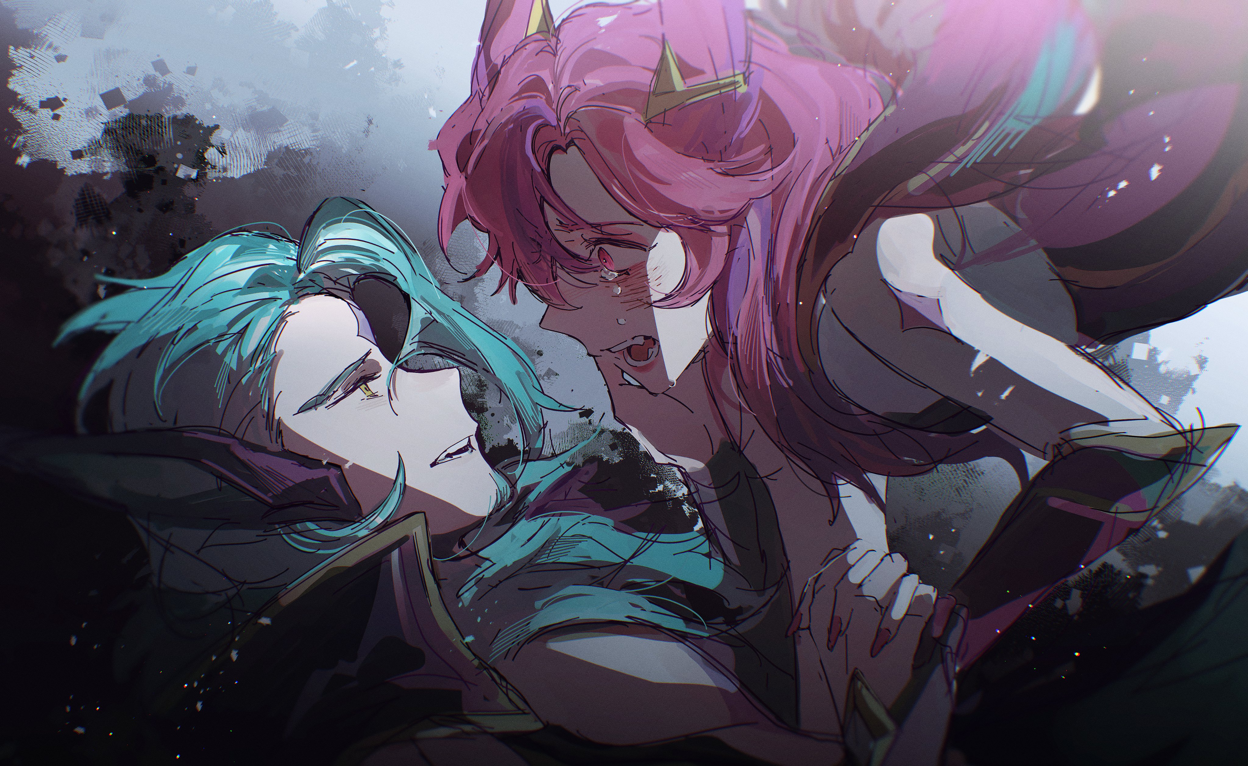 keeta, rakan (league of legends), star guardian (league of legends), star guardian rakan, star guardian xayah, xayah, league of legends, absurdres, commentary, english commentary, highres, 1boy, 1girl, aqua hair, body markings, crying, crying with eyes open, facial mark, fangs, fingernails, forehead mark, hand on another's chin, hetero, holding hands, long fingernails, looking at another, multicolored hair, official alternate costume, official alternate hair color, official alternate hairstyle, on ground, open mouth, pink eyes, pink hair, pink nails, purple hair, purple streaks, star (symbol), star facial mark, streaked hair, tears, two-tone hair, yellow eyes