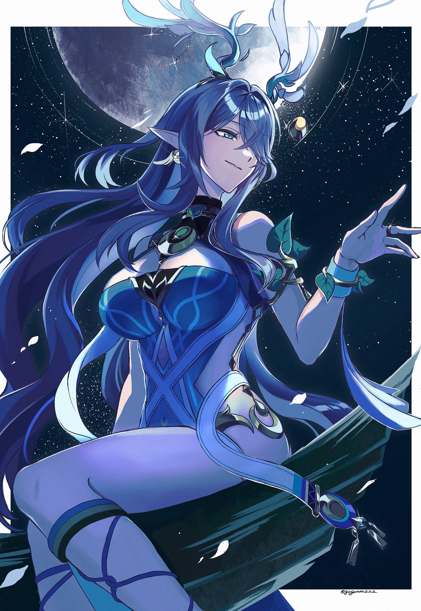 yugonm222, lauma (genshin impact), genshin impact, absurdres, highres, 1girl, antler ornament, antlers, aqua dress, bare shoulders, blue dress, blue eyes, blue hair, breasts, closed mouth, deer antlers, deer girl, dress, earrings, hair intakes, hair over one eye, highleg, highleg dress, horns, jewelry, large breasts, long hair, moon, night, night sky, pointy ears, sky, smile, solo, very long hair