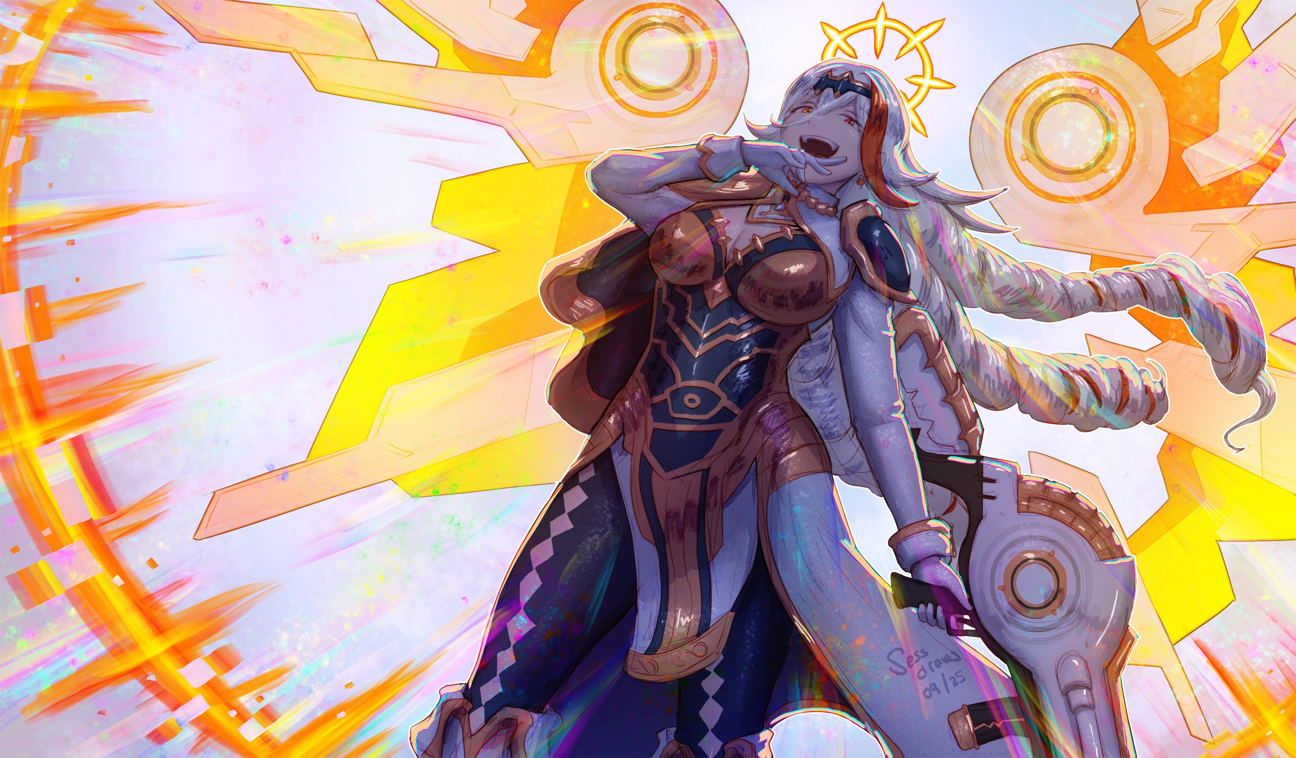 sessdraws, baldr (fire emblem heroes), fire emblem, fire emblem heroes, nintendo, highres, 1girl, baldr (rays of judgment) (fire emblem heroes), breasts, cleavage, drill hair, earrings, gloves, halo, heterochromia, jewelry, large breasts, long hair, looking at viewer, multicolored hair, official alternate costume, orange hair, orange streaks, quad drills, red eyes, single hair streak, smile, solo, streaked hair, two-tone hair, white gloves, white hair, yellow eyes