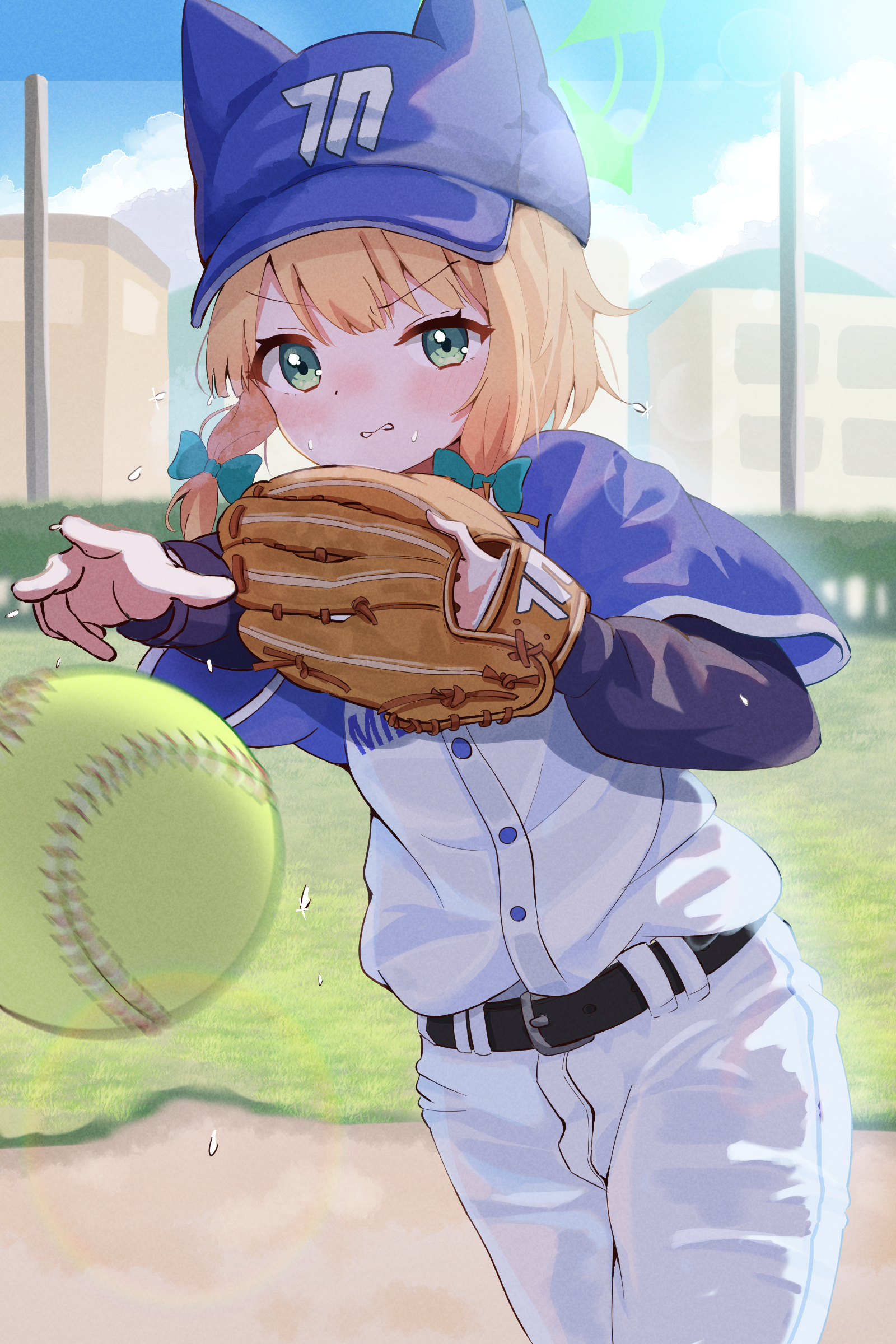 mikumiku37, midori (blue archive), blue archive, absurdres, commentary request, highres, 1girl, animal ears, animal hat, ball, baseball base, baseball cap, baseball field, baseball glove, belt, belt buckle, black belt, blonde hair, blue hat, blue sky, blue sleeves, blush, bow, buckle, bush, cat hat, closed mouth, cloud, cowboy shot, fake animal ears, film grain, flying sweatdrops, gloves, grass, green eyes, hair bow, hat, house, layered sleeves, long sleeves, millennium science school logo, outdoors, pants, playing sports, shirt, short hair, short over long sleeves, short sleeves, sky, softball, softball (object), softball uniform, solo, sportswear, standing, throwing, white pants, white shirt, wide sleeves