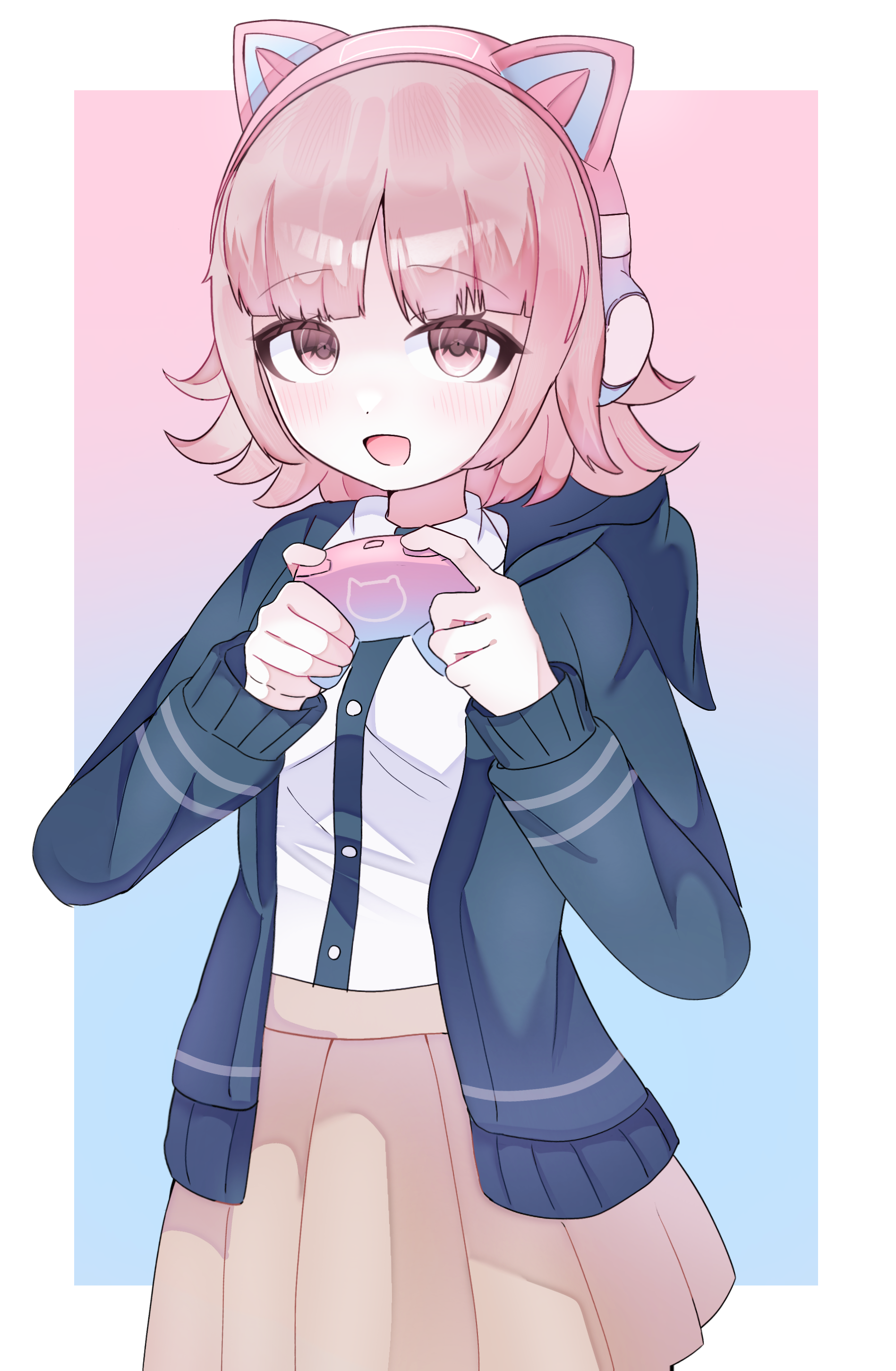 nanami chiaki, danganronpa (series), danganronpa 2: goodbye despair, absurdres, highres, 1girl, :d, animal ear headphones, animal ears, black jacket, black shirt, blush, brown skirt, cat ear headphones, controller, cowboy shot, fake animal ears, game controller, headphones, holding, holding controller, holding game controller, hood, hood down, hooded jacket, jacket, long sleeves, miniskirt, naru naru no shiromi, no hair ornament, open clothes, open jacket, open mouth, pink background, pink eyes, pleated skirt, shirt, skirt, smile, solo, two-tone shirt, white background, white shirt