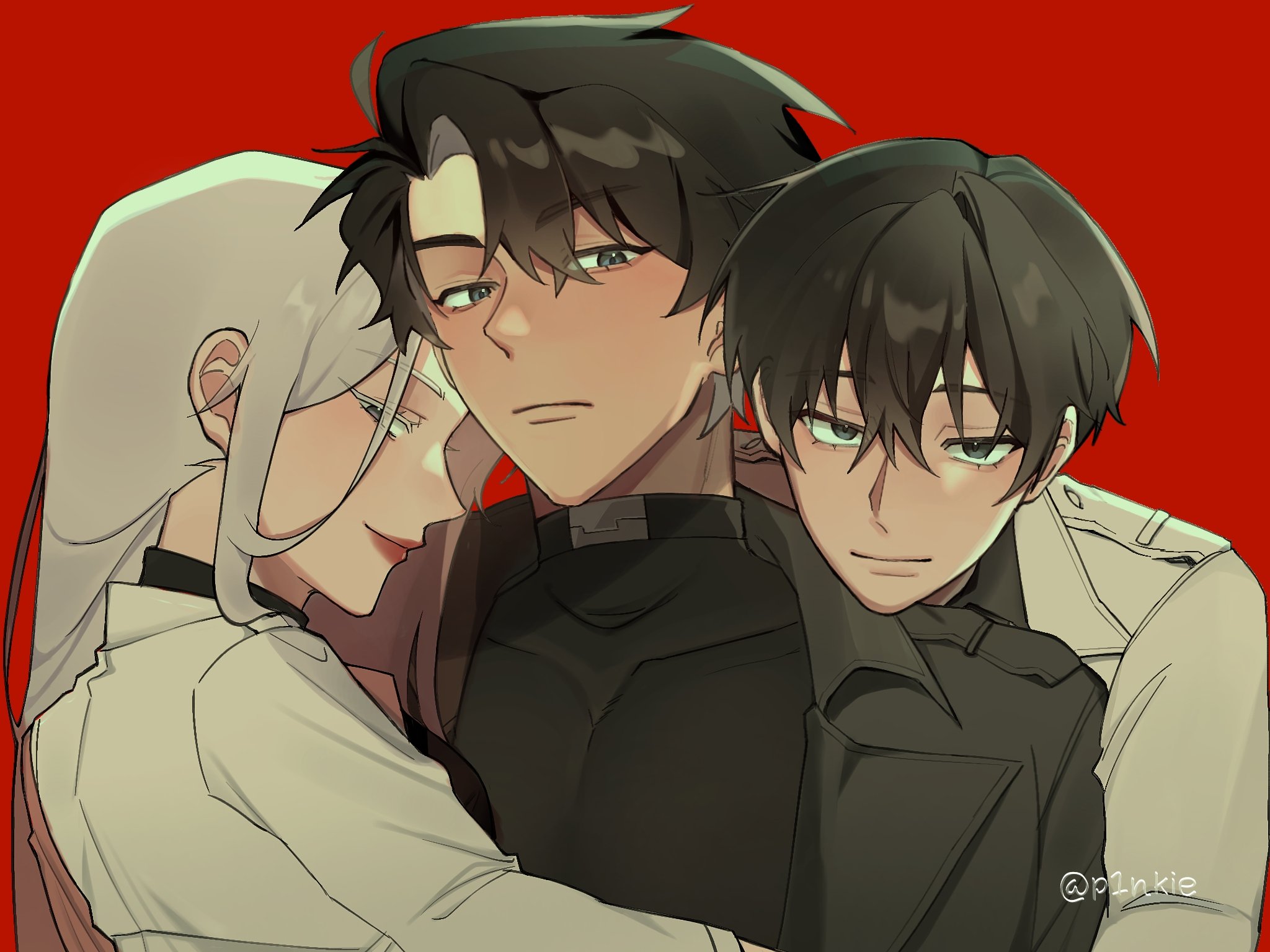yoo joonghyuk, omniscient reader's viewpoint, hashtag-only commentary, highres, 1girl, 2boys, black coat, black eyes, black hair, black shirt, coat, crew neck, crossed bangs, curtained hair, expressionless, hair between eyes, head on another's shoulder, hug from side, la5y p1nkie, lipstick, long hair, looking at viewer, makeup, mixed harem, multiple boys, popped collar, red background, shirt, short hair, sidelocks, simple background, smile, smirk, upper body, white coat, white hair