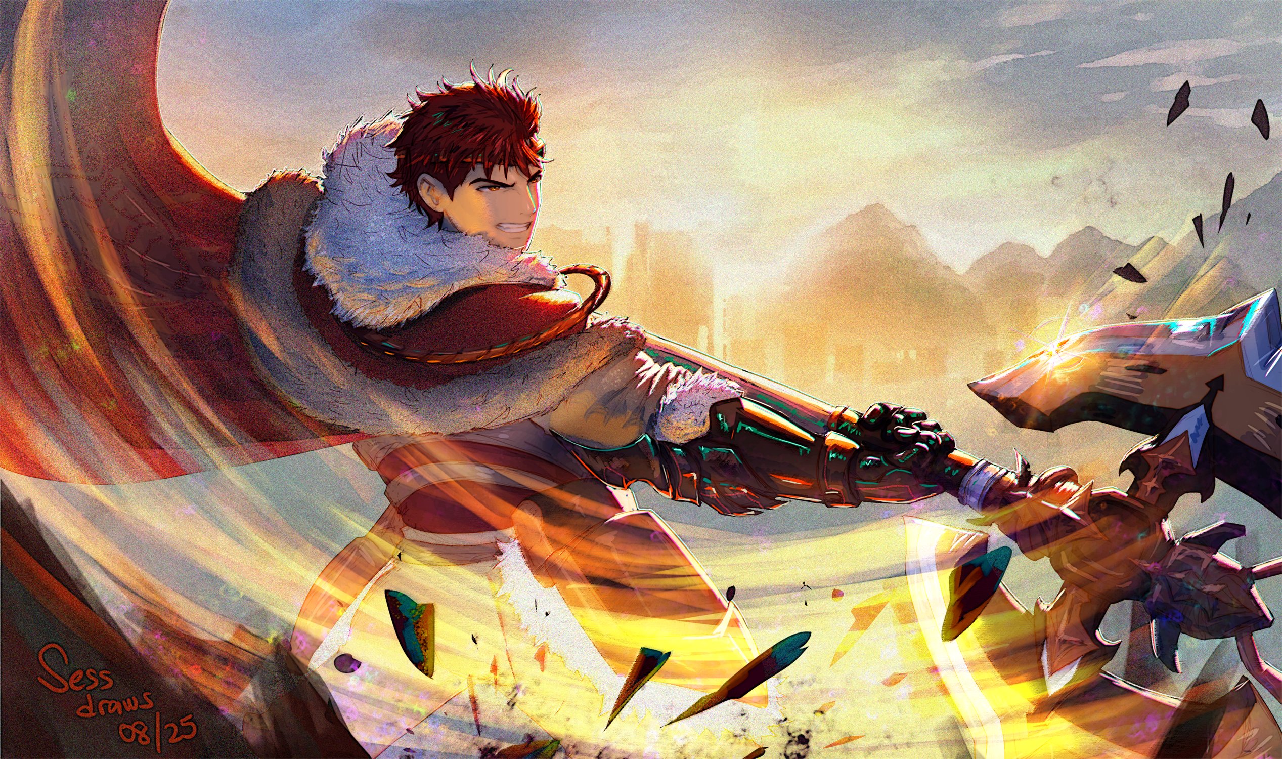 sessdraws, diamant (fire emblem), diamant (fortified king) (fire emblem), fire emblem, fire emblem engage, fire emblem heroes, nintendo, highres, 1girl, axe, battle axe, cape, double-sided axe, fur-trimmed cape, fur trim, holding, holding axe, male focus, official alternate costume, red cape, red hair, weapon