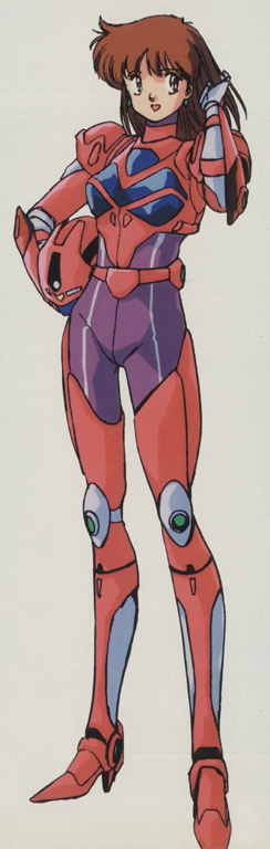 anice farm, chouon senshi borgman, 1980s (style), 1girl, armor, bodysuit, brown hair, female focus, helmet, holding, holding unworn helmet, long hair, oldschool, retro artstyle, simple background, solo, unworn helmet
