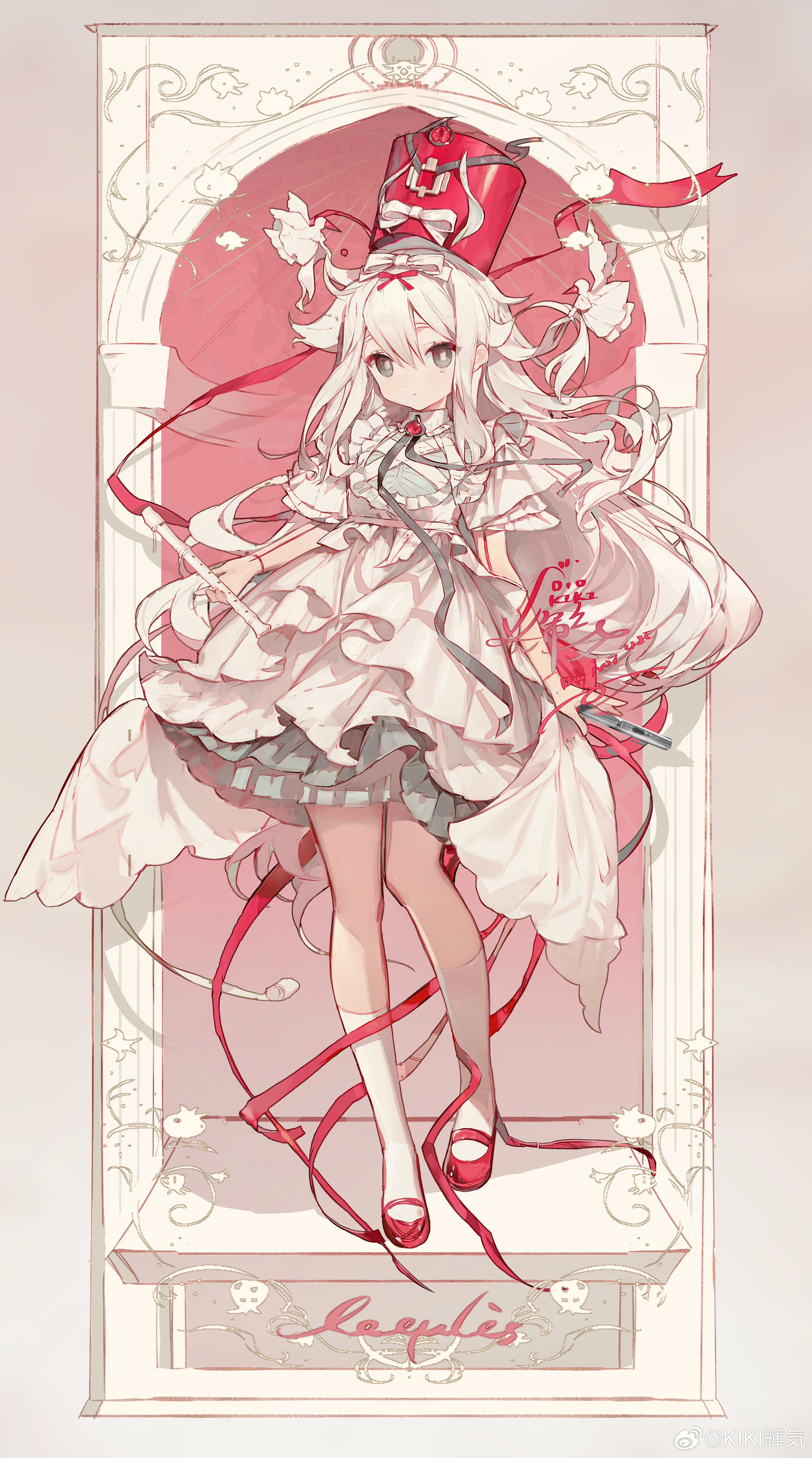 kikihuihui, original, absurdres, highres, 1girl, bird, black ribbon, bow, bright pupils, closed mouth, collar, collared dress, dot nose, dress, flute, frilled collar, frilled dress, frilled sleeves, frills, full body, grey dress, grey eyes, hair between eyes, hair bow, hair flaps, hat, hat bow, holding, holding flute, holding instrument, instrument, long hair, mary janes, neck ribbon, pillar, recorder, red bow, red brooch, red hat, red shoes, ribbon, shako cap, shoes, short sleeves, socks, solo, standing, very long hair, white bird, white bow, white dress, white hair, white pupils, white socks