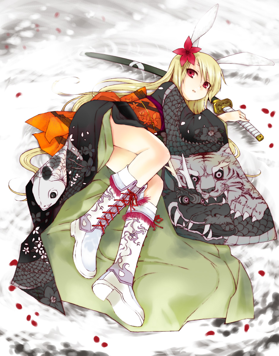 ikura hato, kurafuji sachi, original, highres, 1girl, animal ears, blonde hair, boots, dragon, female focus, flower, fringe trim, full body, hair flower, hair ornament, japanese clothes, katana, kimono, koi, legs, long hair, lying, obi, outdoors, rabbit ears, red eyes, ribbon, sash, snow, solo, sword, tiger, water, weapon