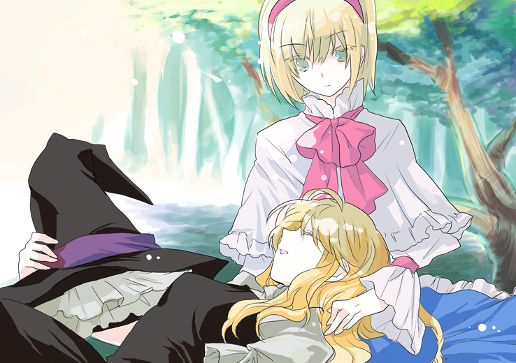 a4 (pixiv), a4 (shellbard), alice margatroid, kirisame marisa, touhou, 2girls, blonde hair, female focus, forest, hat, lap pillow, long hair, multiple girls, nature, sleeping
