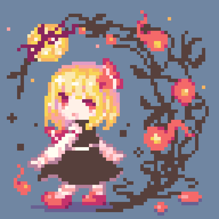 pii 614, rumia, touhou, commentary request, 1girl, black skirt, black vest, blonde hair, full body, grey background, hair ribbon, looking at viewer, pixel art, red eyes, red ribbon, red shoes, ribbon, shoes, short hair, simple background, skirt, solo, vest