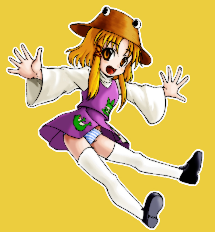 moriya suwako, touhou, 1girl, blonde hair, female focus, full body, hat, panties, ribbon, short hair, simple background, skirt, solo, striped clothes, striped panties, thighhighs, underwear