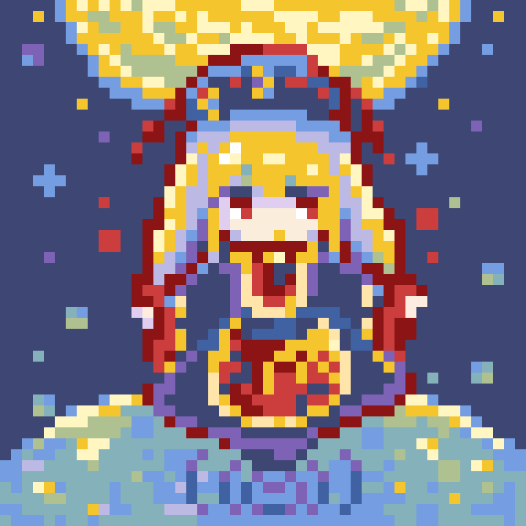 pii 614, junko (touhou), touhou, commentary request, 1girl, black dress, blonde hair, dress, full body, full moon, long hair, looking at viewer, moon, outdoors, pixel art, red eyes, solo, tabard
