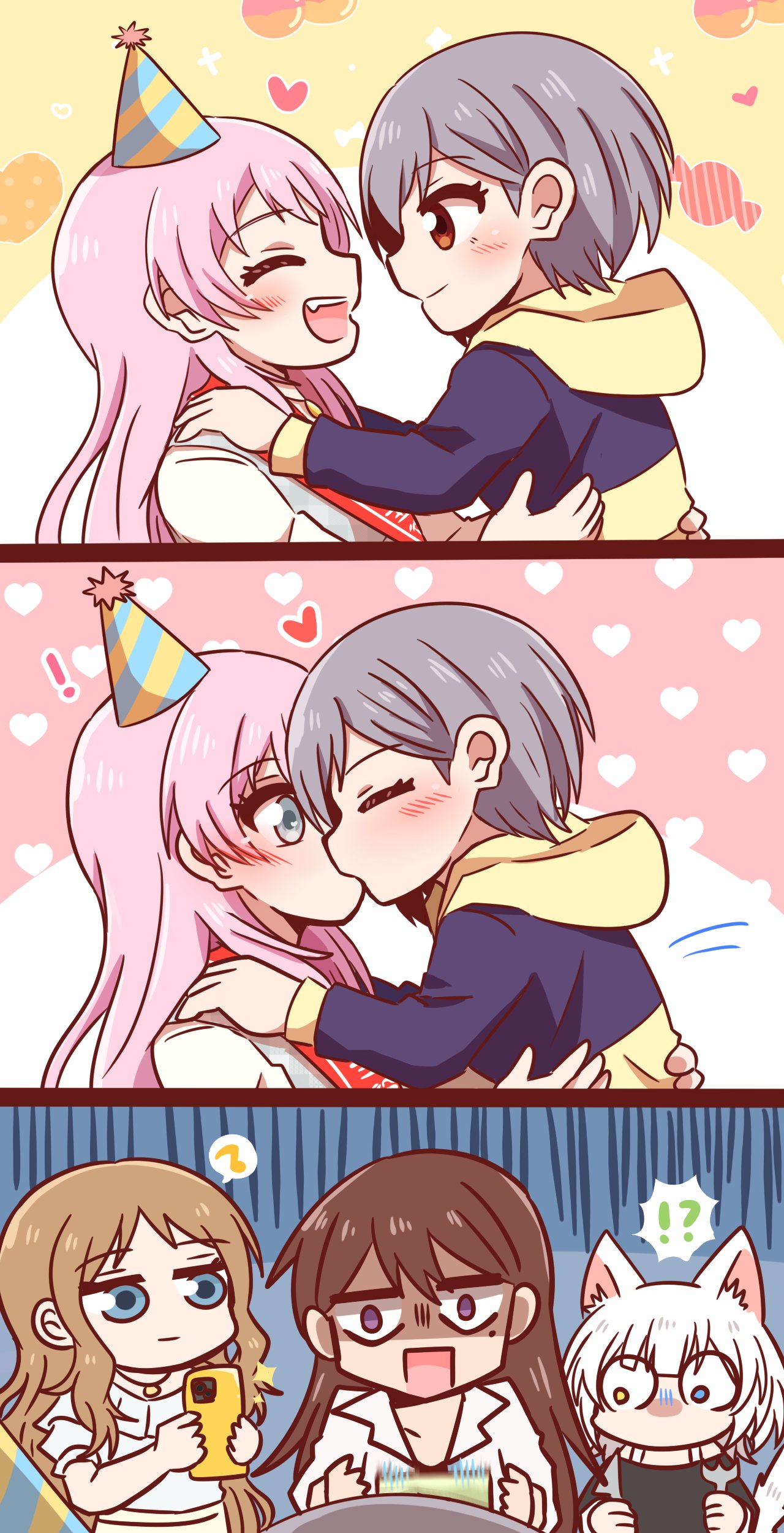 jx2 (jennyiq), chihaya anon, kaname raana, nagasaki soyo, shiina taki, takamatsu tomori, bang dream!, bang dream! it's mygo!!!!!, absurdres, commentary request, highres, !?, 5girls, birthday, blue eyes, blue hoodie, blush, brown hair, cellphone, closed eyes, closed mouth, fang, grey hair, heart, heterochromia, holding, holding phone, hood, hoodie, kiss, long hair, multiple girls, mygo!!!!! (bang dream!), open mouth, phone, pink hair, purple eyes, red eyes, shaded face, smartphone, smile, taking picture, two-tone hoodie, yellow eyes, yellow hoodie, yuri