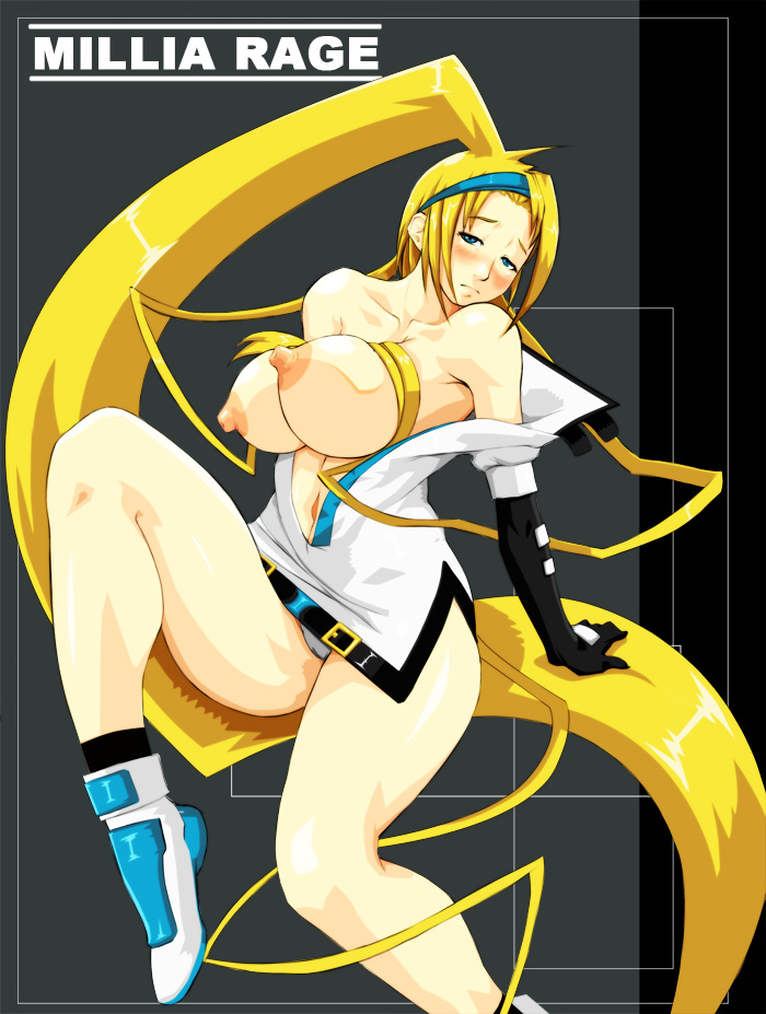 millia rage, arc system works, guilty gear, 1girl, blonde hair, blue eyes, blush, breasts, cleavage, elbow gloves, female focus, gloves, grey background, hairband, huge breasts, long hair, nipples, open clothes, open shirt, panties, pantyshot, shirt, sitting, solo, underwear