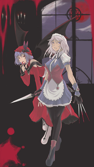 izayoi sakuya, remilia scarlet, touhou, black legwear, 2girls, between fingers, blood, blue hair, female focus, holding, knife, maid, multiple girls, ribbon, thighhighs, throwing knife, weapon, white hair, wings
