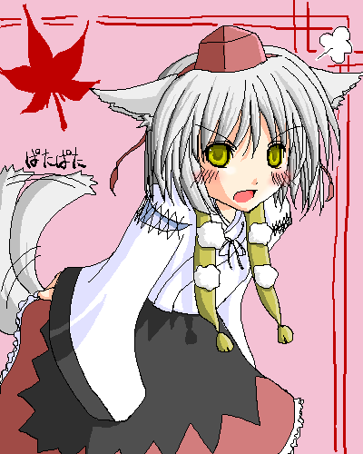 inubashiri momiji, touhou, lowres, 1girl, animal ears, female focus, hat, leaf, long skirt, oekaki, short hair, skirt, solo, tail, tail wagging, wolf ears, wolf tail