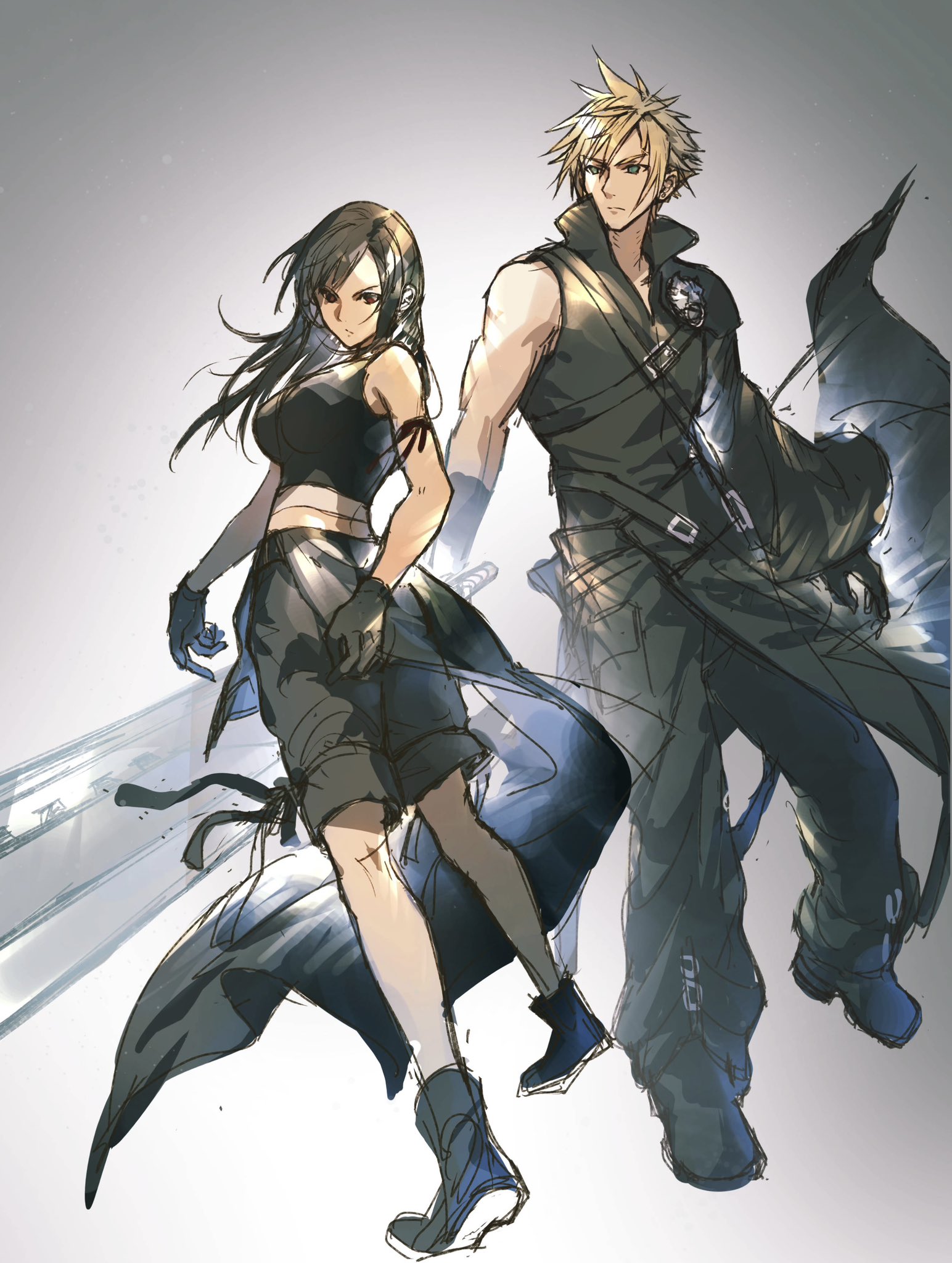 asina71, cloud strife, fenrir (final fantasy), tifa lockhart, final fantasy, final fantasy vii, final fantasy vii advent children, commentary, highres, 1boy, 1girl, apron, arm ribbon, baggy pants, bare shoulders, black apron, black gloves, black hair, black pants, black shirt, black shoes, black shorts, black sleeves, black vest, blonde hair, blue eyes, breasts, closed mouth, detached sleeves, full body, fusion swords, gloves, gradient background, holding, holding sword, holding weapon, large breasts, long hair, pants, red eyes, ribbon, shirt, shoes, short hair, shorts, single bare shoulder, single detached sleeve, sleeveless, sleeveless shirt, spiked hair, sword, tank top, vest, waist apron, weapon, white tank top