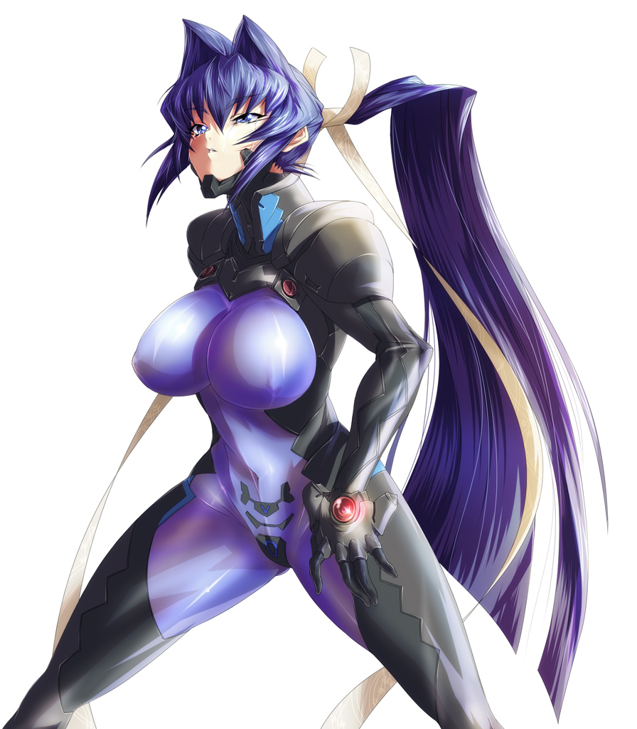 nekomamire, mitsurugi meiya, muv-luv, muv-luv alternative, pilot suit, 1girl, blue eyes, blue hair, bodysuit, breasts, female focus, fortified suit, hair ribbon, large breasts, long hair, matching hair/eyes, mecha pilot suit, ponytail, ribbon, solo, tears, very long hair