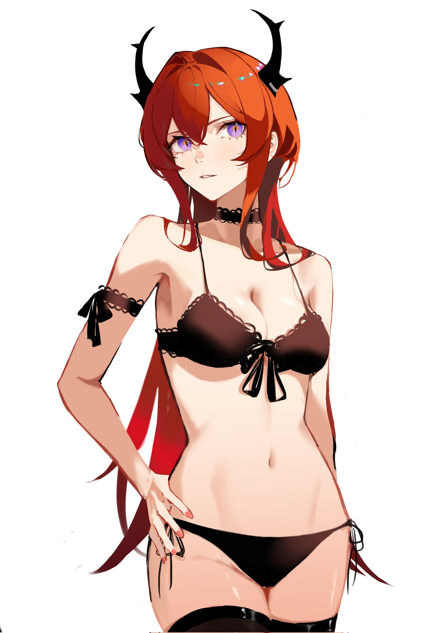 okamoto aoi, surtr (arknights), arknights, commentary request, corrupted twitter file, highres, 1girl, black bra, black choker, black horns, black panties, black thighhighs, bra, breasts, choker, cleavage, cowboy shot, groin, hair between eyes, hair intakes, hand on own hip, horns, lace, lace-trimmed bra, lace-trimmed choker, lace trim, long hair, medium breasts, navel, orange hair, panties, parted lips, purple eyes, side-tie panties, simple background, solo, standing, thighhighs, underwear, white background