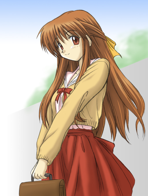 nagamori mizuka, one – kagayaku kisetsu e, 00s, brown eyes, brown hair, hair ribbon, hairband, long hair, ribbon, school uniform, serafuku, solo