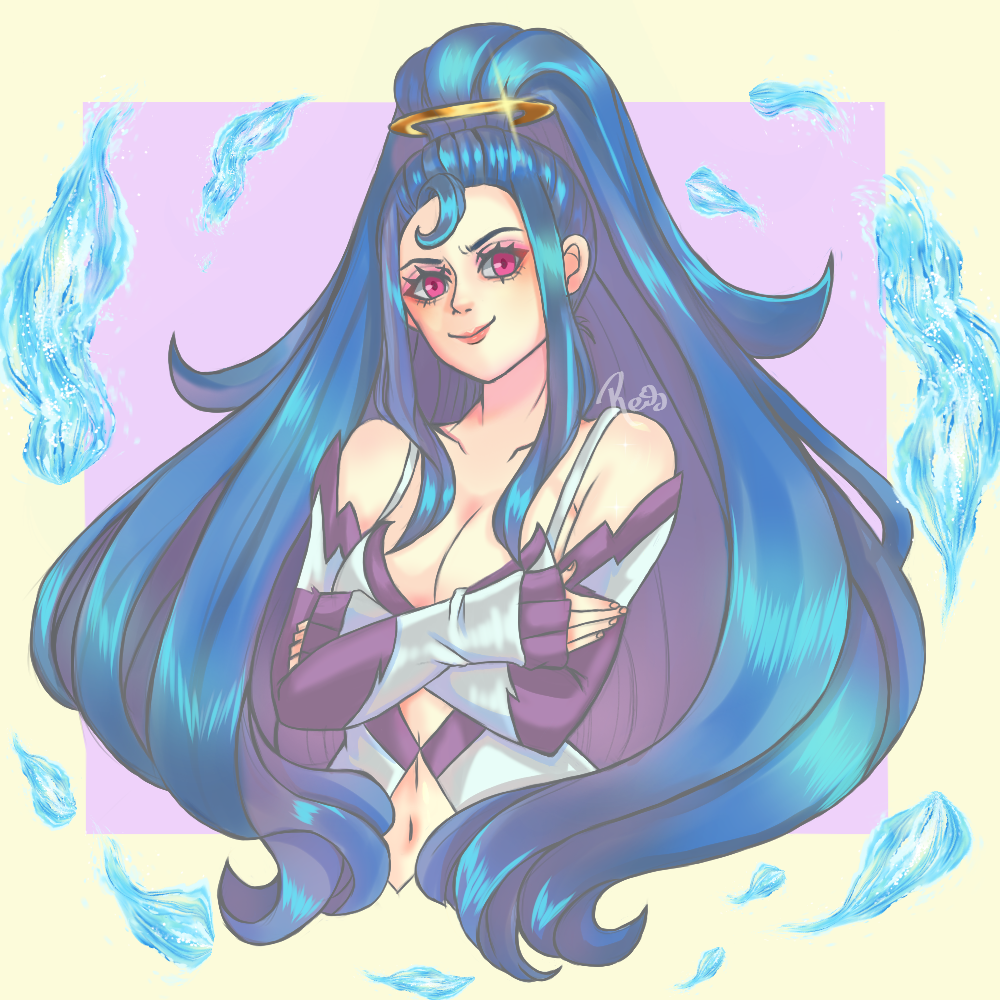 reihearth, amazon pandora, pandora (kid icarus), kid icarus, kid icarus uprising, nintendo, 1girl, blue fire, breasts, cleavage, clothing cutout, cropped torso, crossed arms, fire, long hair, navel, navel cutout, red eyes, signature, solo, sparkle