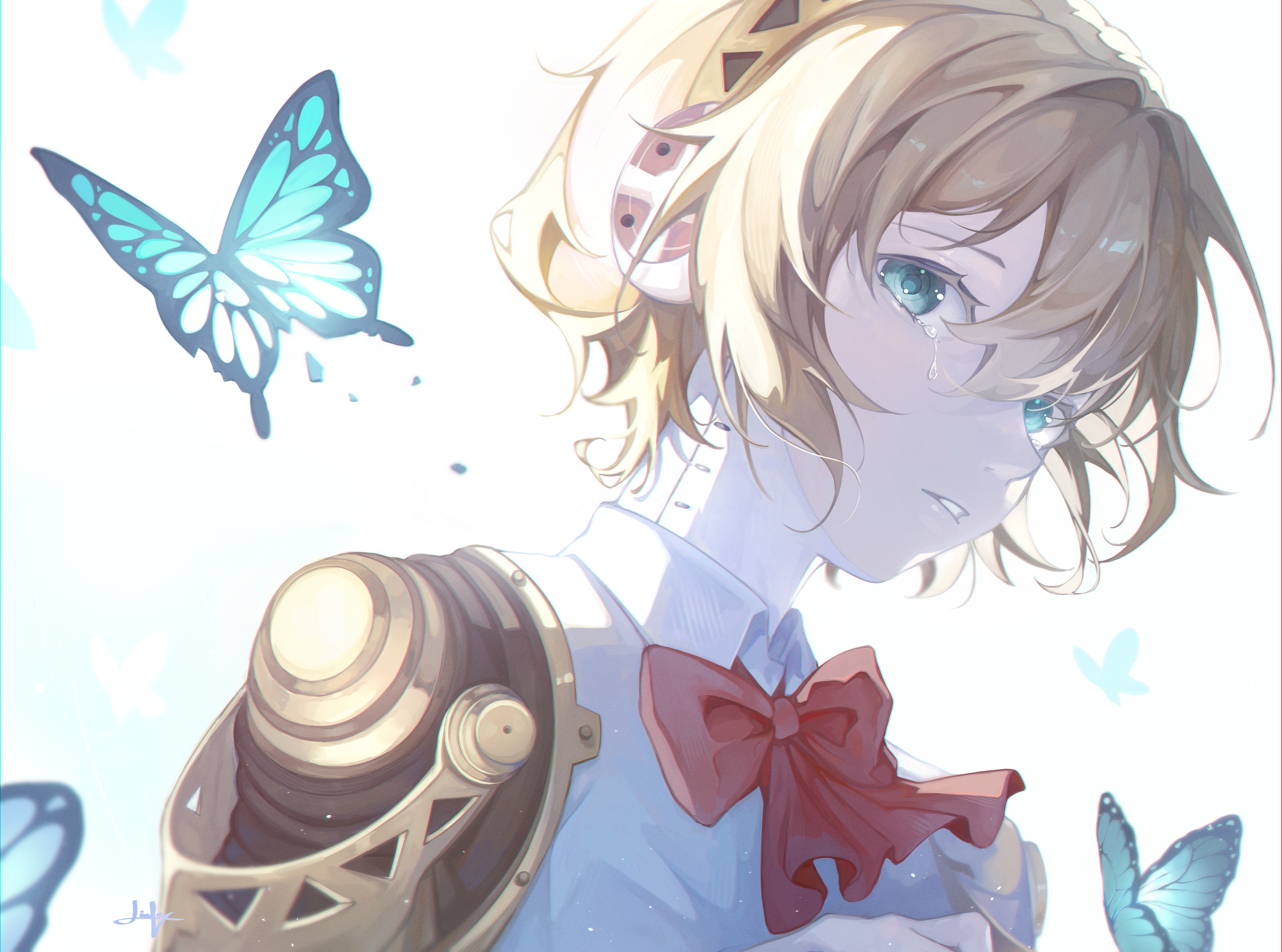 linfeyy, aigis (persona), persona, persona 3, absurdres, commentary, english commentary, highres, 1girl, android, aqua eyes, blonde hair, blue butterfly, bow, bug, butterfly, crying, crying with eyes open, double-parted bangs, from side, gekkoukan high school uniform, gold hairband, hairband, insect, looking at viewer, mechanical arms, parted lips, red bow, robot ears, school uniform, shirt, short hair, signature, solo, tears, white background, white shirt