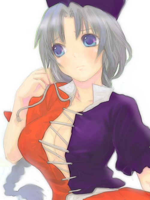 hechima (32), yagokoro eirin, touhou, looking away, bad id, bad pixiv id, 1girl, blue eyes, braid, breasts, center opening, cleavage, female focus, frown, grey hair, hat, head tilt, long hair, medium breasts, no bra, parted bangs, simple background, solo, upper body, white background