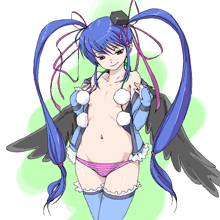 fever-san, uju, original, 1girl, blue eyes, blue hair, female focus, flat chest, hair ribbon, hat, long hair, matching hair/eyes, oekaki, open clothes, open shirt, panties, ribbon, shirt, solo, striped clothes, striped panties, tengu, thighhighs, topless female, twintails, underwear, wings