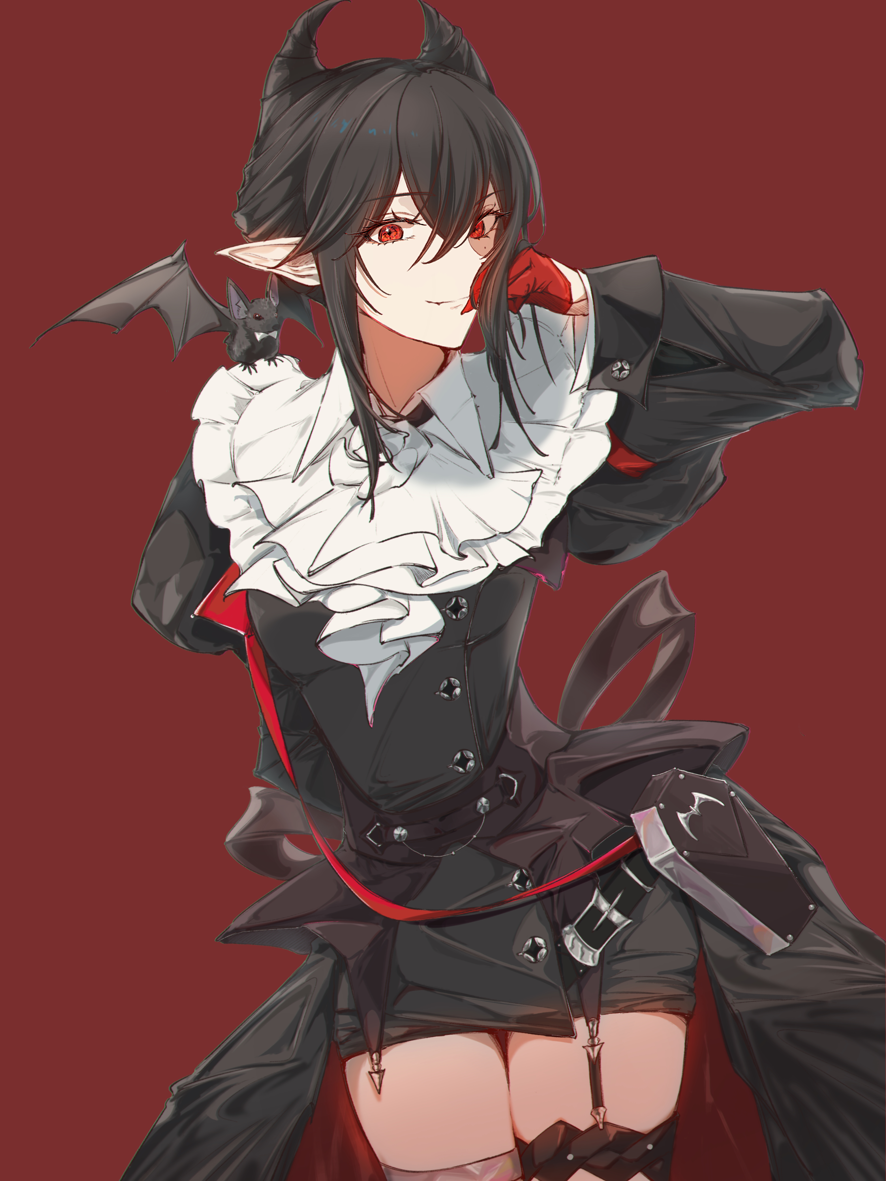cheddar n, entelechia (arknights), arknights, absurdres, commentary request, highres, 1girl, animal, bat (animal), black hair, black jacket, black skirt, brown background, closed mouth, fang, fang out, gloves, hair between eyes, hand up, jacket, juliet sleeves, long sleeves, looking at viewer, pointy ears, puffy sleeves, red eyes, red gloves, simple background, skirt, smile, solo