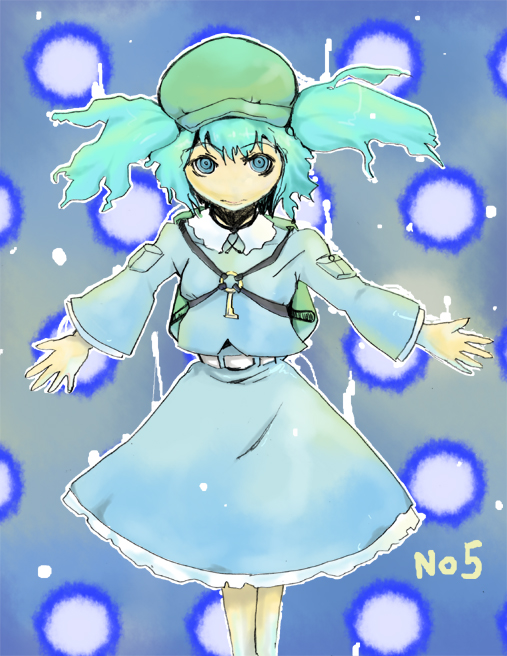 yutori no t-10, kawashiro nitori, touhou, bad id, bad pixiv id, 1girl, bad anatomy, blue hair, danmaku, female focus, hat, poorly drawn, solo, two side up