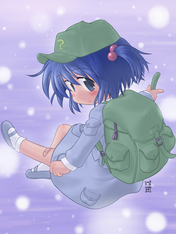 geshopu, kawashiro nitori, touhou, 1girl, bag, blue hair, cucumber, female focus, hair bobbles, hair ornament, short hair, solo, two side up