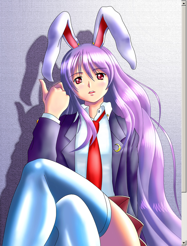 nyagoro, reisen udongein inaba, touhou, 1girl, animal ears, crossed legs, female focus, long hair, purple hair, rabbit ears, red eyes, sitting, skirt, solo, thighhighs, very long hair, white thighhighs