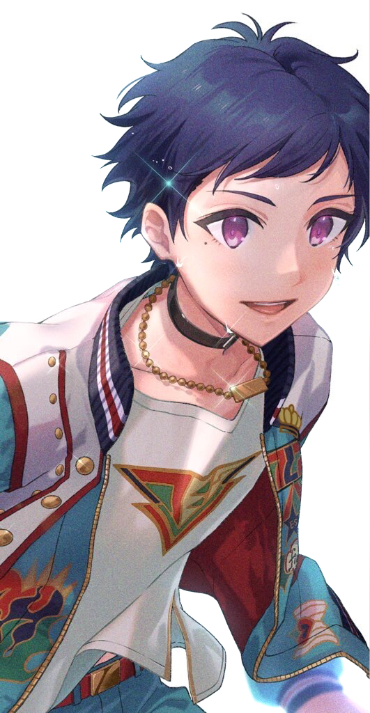 okada (pixiv26295148), fushimi yuzuru, ensemble stars!, commentary request, 1boy, belt, black choker, blue hair, choker, jacket, jewelry, long hair, male focus, mole, mole under eye, necklace, official alternate costume, open clothes, open jacket, purple eyes, short bangs, short hair, solo, sweat, very long hair, white background, zipper