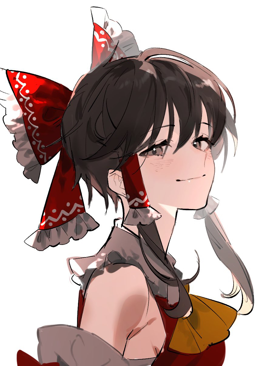 hakurei reimu, touhou, commentary request, highres, 1girl, ascot, bow, breasts, brown eyes, brown hair, closed mouth, detached sleeves, frilled bow, frilled hair tubes, frills, hair bow, hair tubes, long hair, looking at viewer, red bow, sideboob, simple background, smile, solo, tetota tettou, white background, yellow ascot