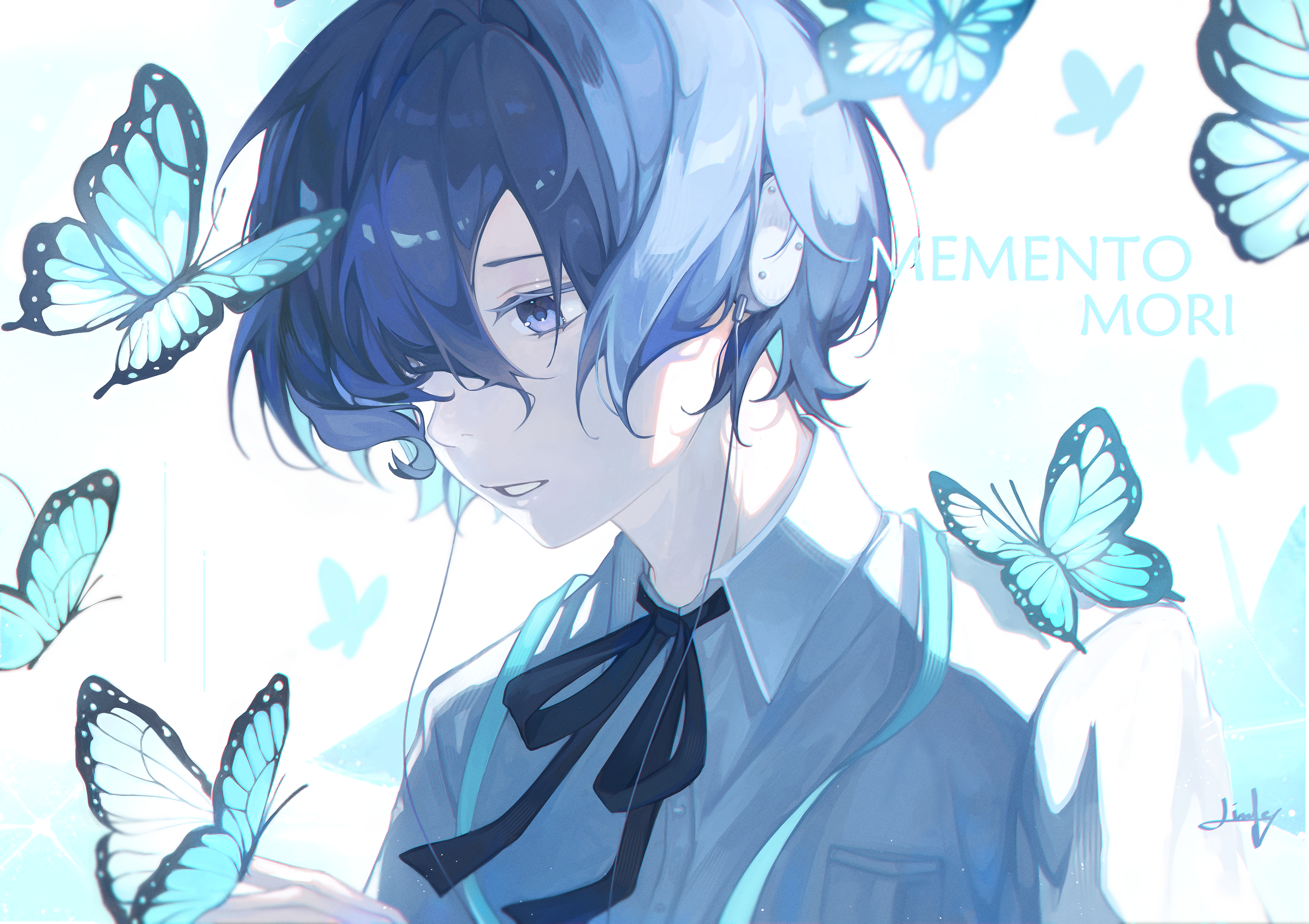 linfeyy, yuuki makoto (persona 3), persona, persona 3, absurdres, highres, 1boy, android, black ribbon, blue butterfly, blue eyes, blue hair, blue ribbon, bug, butterfly, butterfly on hand, cable, from side, gekkoukan high school uniform, hair over one eye, headphones, insect, latin commentary, latin text, looking down, parted bangs, parted lips, ribbon, school uniform, shirt, short hair, signature, solo, white background, white shirt