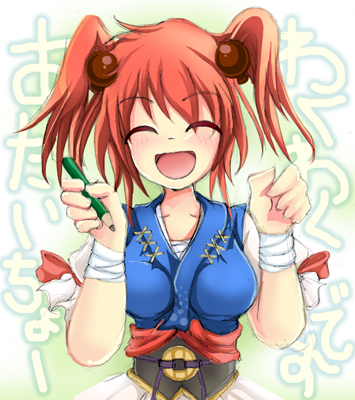 ichirino minagi, onozuka komachi, touhou, lowres, 1girl, breasts, female focus, gradient background, pencil, red hair, solo, twintails, two side up, upper body, white background, wooden pencil