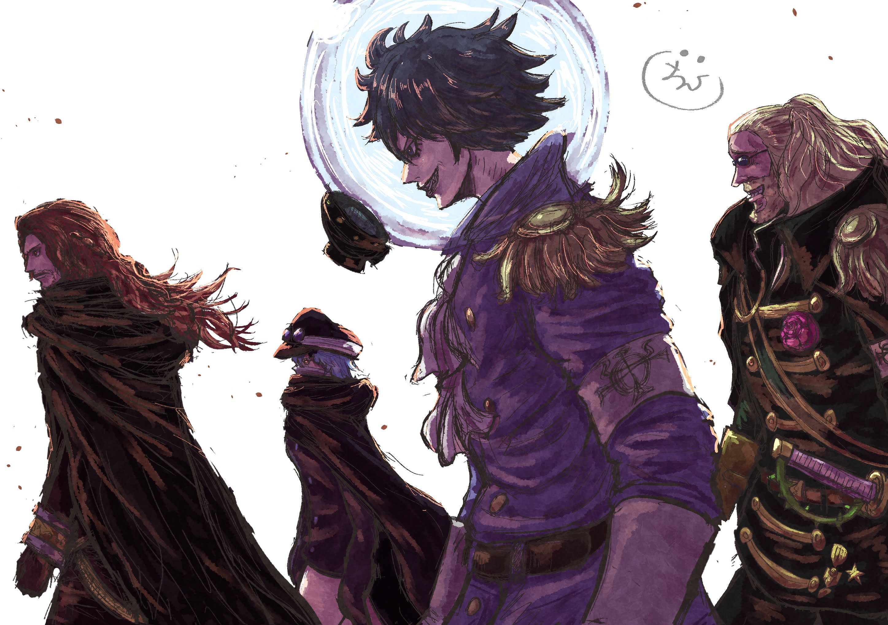 onepiece banbi, figarland shamrock, gunko, rimoshifu killingham, shepherd sommers, one piece, highres, 1girl, 3boys, armband, black cape, black eyes, black hair, black lips, blonde hair, cape, coat, elbow gloves, epaulettes, facial hair, fishbowl helmet, gloves, goatee stubble, goggles, goggles on head, grey hair, grin, long hair, military uniform, multiple boys, mustache stubble, orange hair, purple coat, rogatywka, short hair, smile, stubble, sunglasses, sword, weapon, white background
