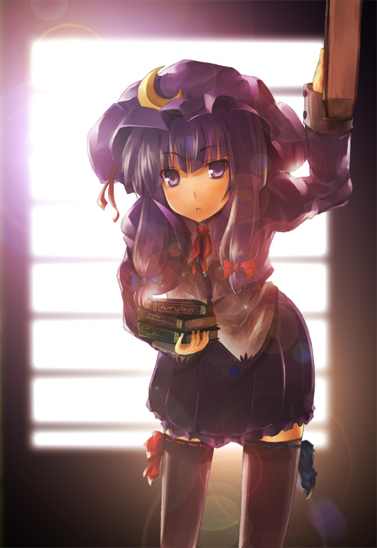 teru teru, patchouli knowledge, touhou, bad id, bad pixiv id, 1girl, book, female focus, hat, lens flare, long hair, purple hair, ribbon, solo, thighhighs