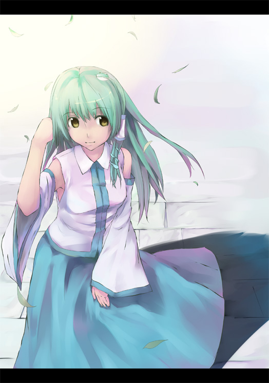 akino komichi, kochiya sanae, touhou, bad id, bad pixiv id, 1girl, female focus, green hair, japanese clothes, letterboxed, long hair, miko, solo