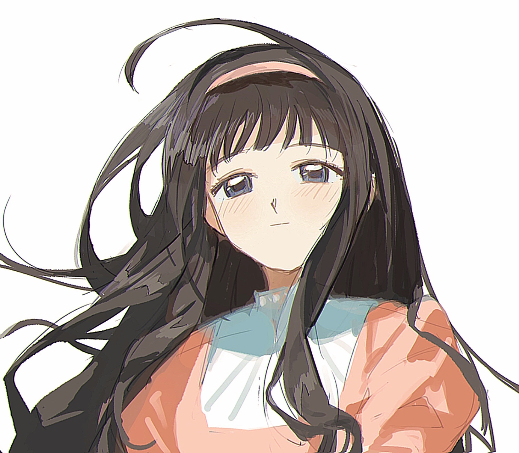 ling5707, daidouji tomoyo, cardcaptor sakura, highres, 1girl, black hair, blush, closed mouth, dress, floating hair, hairband, light smile, long dress, long hair, looking at viewer, pink dress, puffy sleeves, simple background, smile, solo, white background